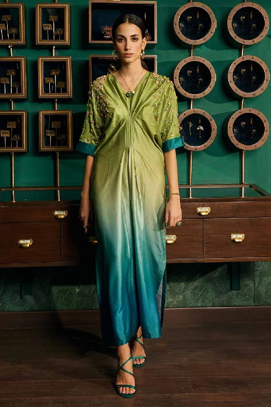 Green & Blue Ombre Embroidered Kaftan Long Dress