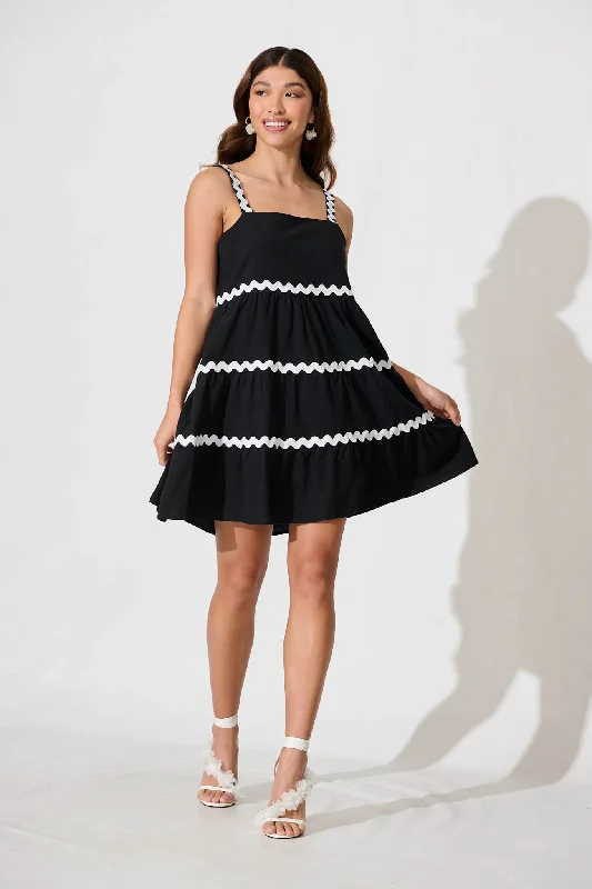 Sara Sundress In Black With White Ric Rac Trim Cotton