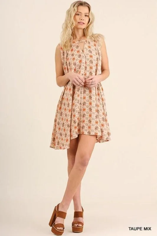 Umgee Keyhole Swing Dress - Taupe Mix