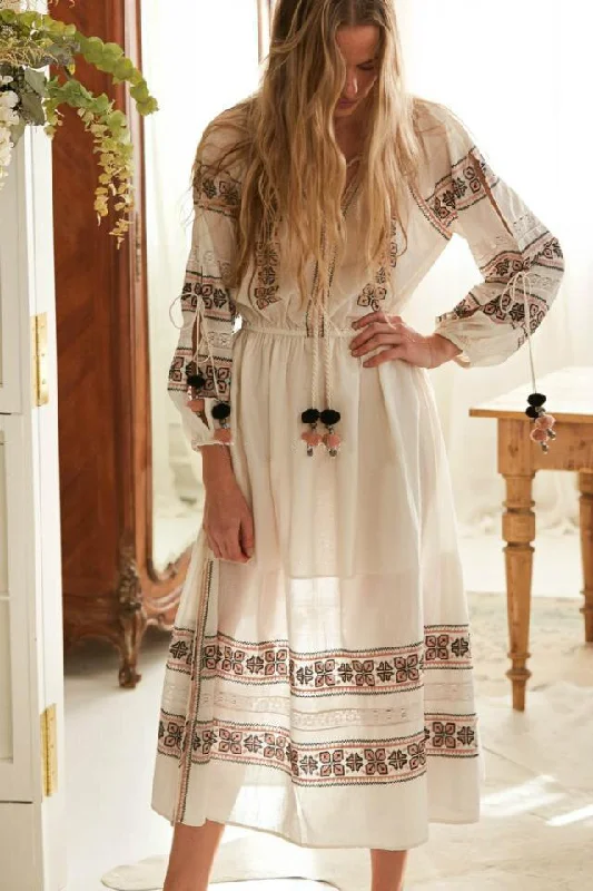 Women's Elastic Waist Embroidery Tassels Long Bohemia Dresses