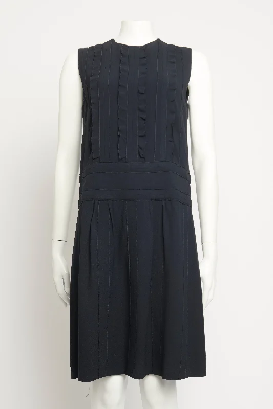 2016 Navy Crepe Ruffle Detail Preowned Dress