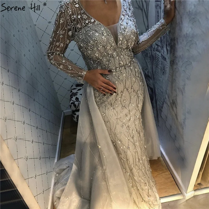 Dubai Luxury Grey With DetachableTrain Evening Dresses 2024 Long Diamond Mermaid Beading Formal Dress Serene Hill LA70341