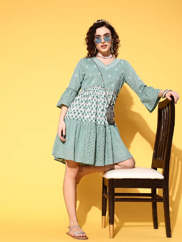 Ishin Women's Cotton Green & White Embroidered A-Line Dress