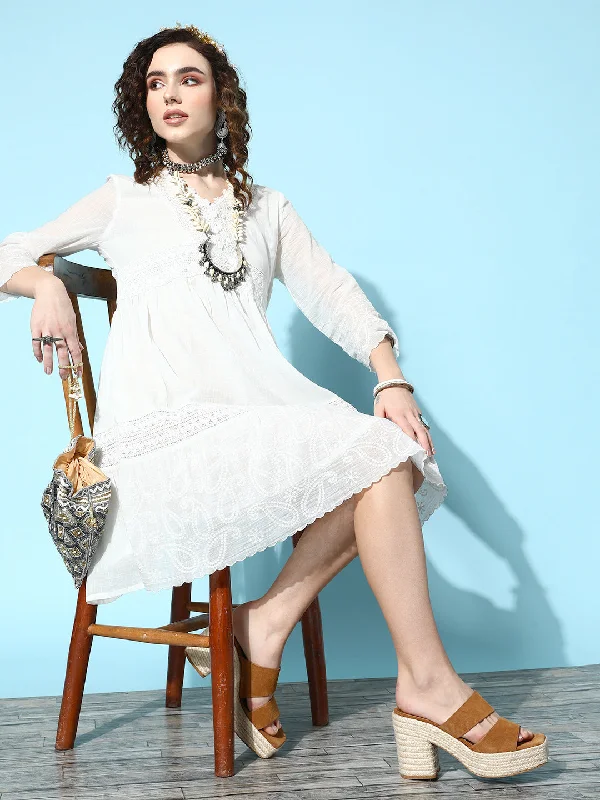 Ishin Women's Cotton Off White Embroidered A-Line Dress
