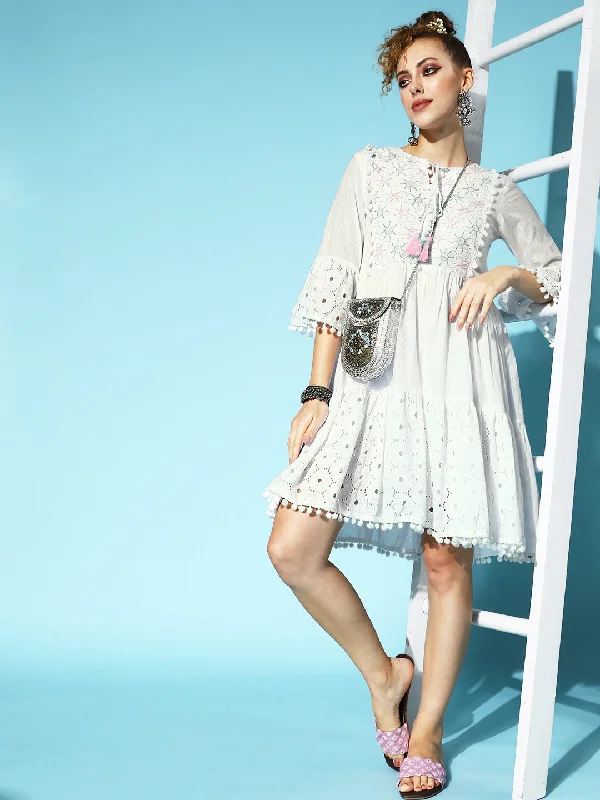 Ishin Women's Cotton Off White Schiffli Embroidered A-Line Dress