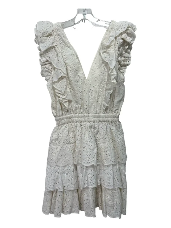 Love The Label Size XS White Cotton V Neck & Back Eyelet Tiered Dress