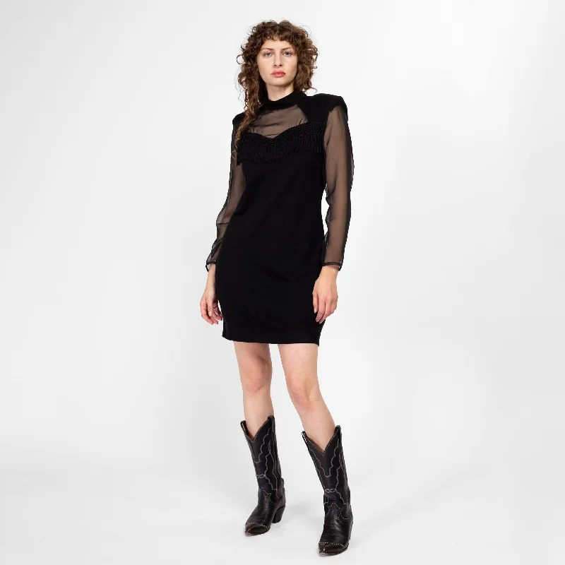 Medium 90s Black Sheer Panel Fringe Sweater Dress