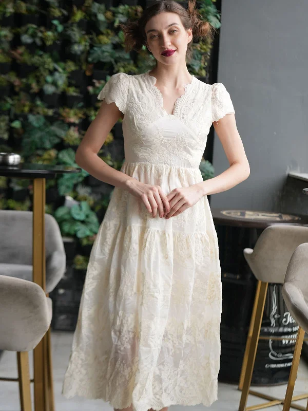Odette Off White Hakoba Lace Fabric Embroidered Western Dress for Women