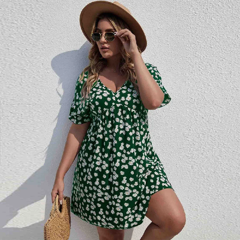 Plus Size Summer Women Clothing Waist Controlled Large Hem A line Dress Vacation Printed Dress