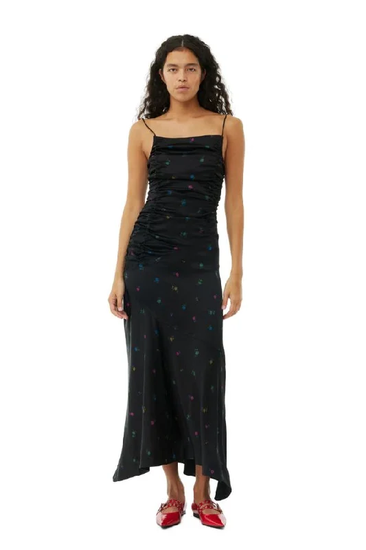 Printed Satin Ruched Slip Dress | Black