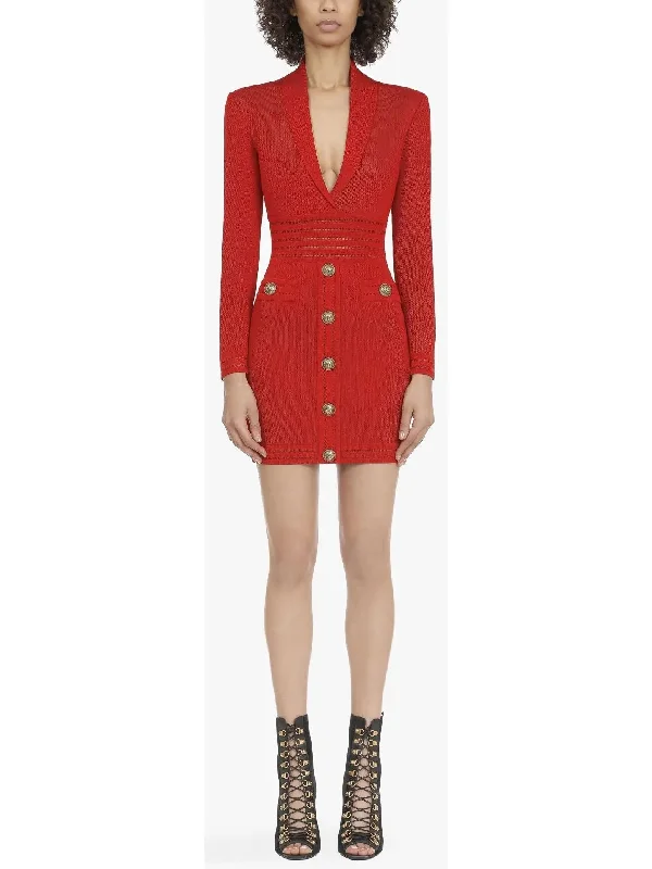 Short Knit Dress with Gold-Tone Buttons, Red