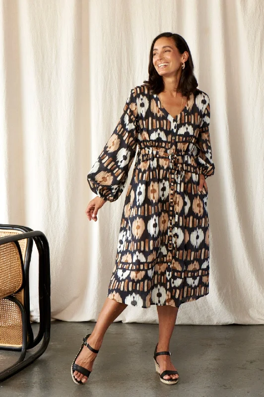 Tyla Print Dress Black and Camel
