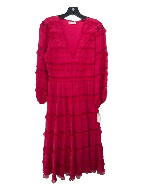 Ulla Johnson Size 4 Magenta Cotton & Viscose Blend V Neck Lace Tiered Dress