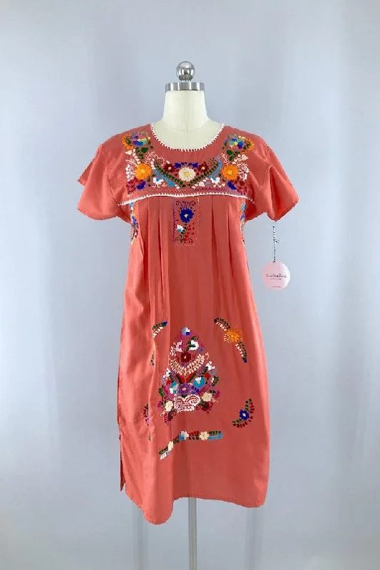 Vintage Terra Cotta Mexican Embroidered Dress