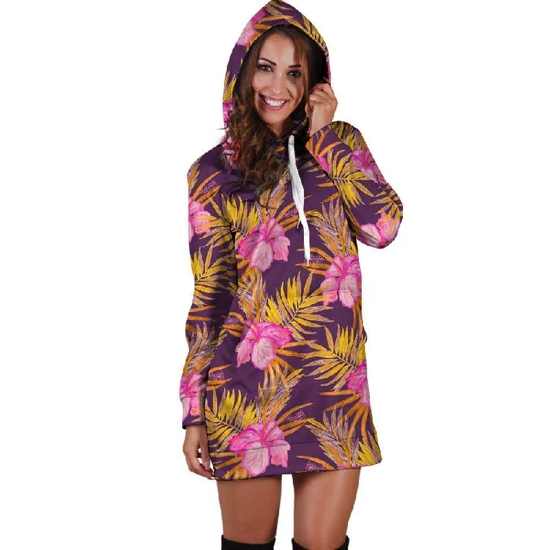 Watercolor Hibiscus Flower Hawaiian Print Hoodie Dress