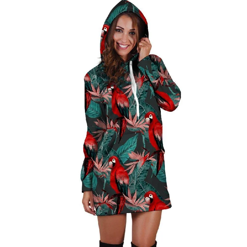 Watercolor Parrot Tropical Print Hoodie Dress