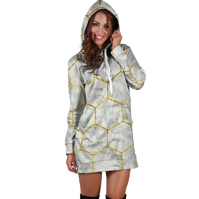 White Gold Tile Marble Hoodie Dress